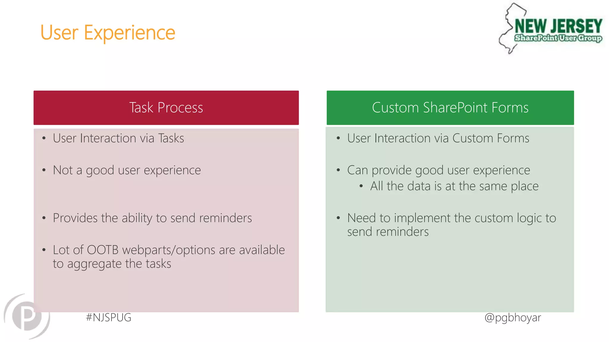 #NJSPUG @pgbhoyar
User Experience
Task Process Custom SharePoint Forms
• User Interaction via Tasks
• Not a good user experience
• Provides the ability to send reminders
• Lot of OOTB webparts/options are available
to aggregate the tasks
• User Interaction via Custom Forms
• Can provide good user experience
• All the data is at the same place
• Need to implement the custom logic to
send reminders
 