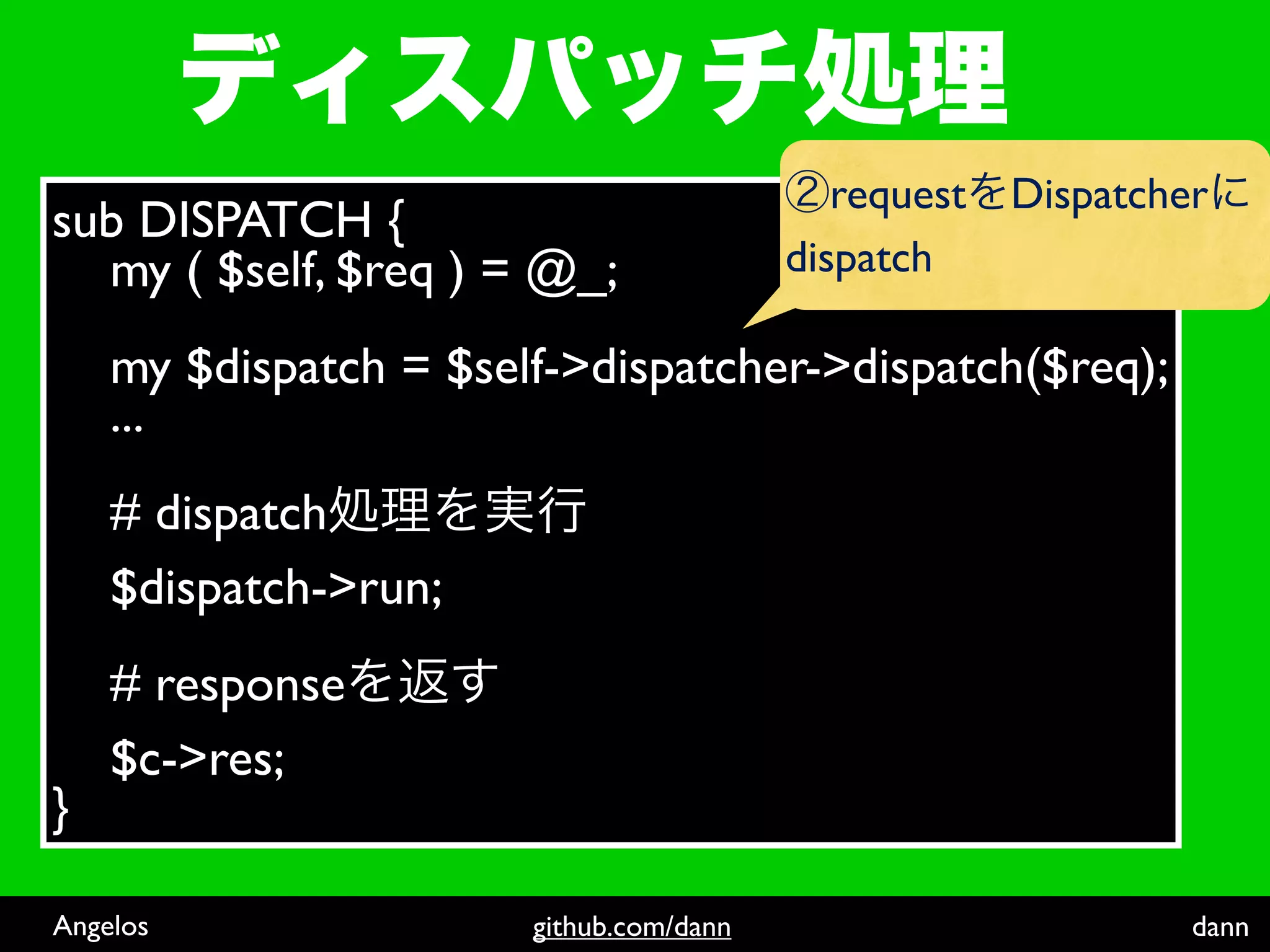 request Dispatcher
sub DISPATCH {
  my ( $self, $req ) = @_;               dispatch

    my $dispatch = $self->dispatcher->dispatch($req);
    ...
    # dispatch
    $dispatch->run;
    # response
    $c->res;
}

Angelos                github.com/dann                       dann
 