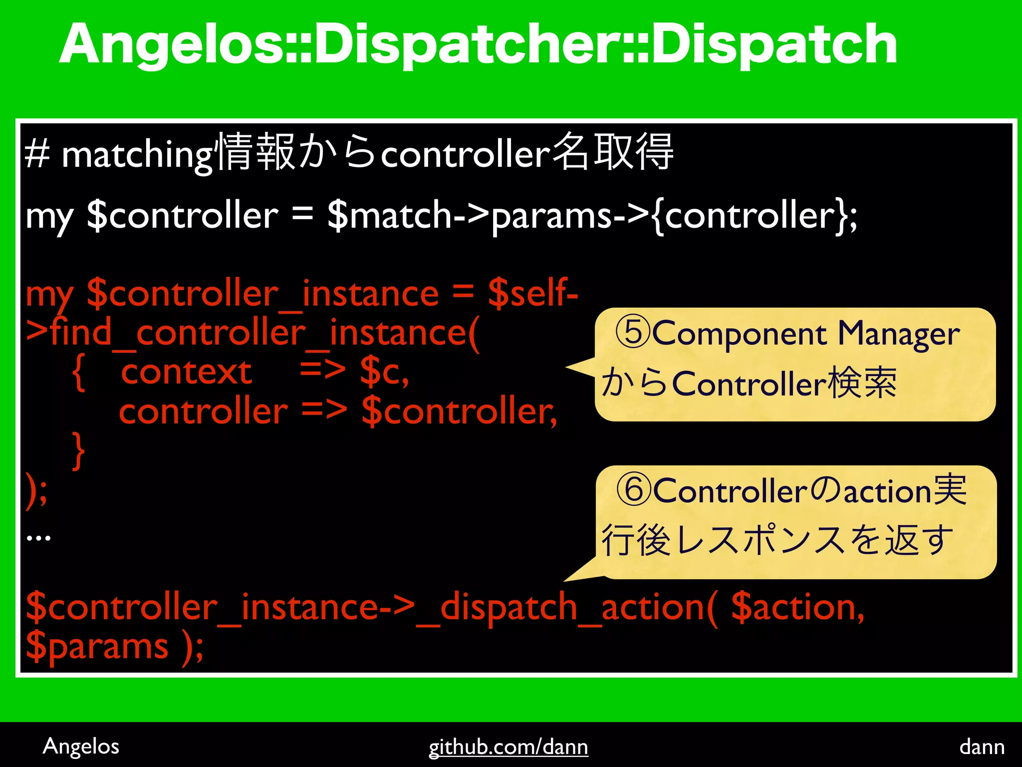 # matching         controller
my $controller = $match->params->{controller};
my $controller_instance = $self-
>ﬁnd_controller_instance(                Component Manager
    { context => $c,                      Controller
      controller => $controller,
    }
);                                       Controller action
...
$controller_instance->_dispatch_action( $action,
$params );

 Angelos               github.com/dann                       dann
 