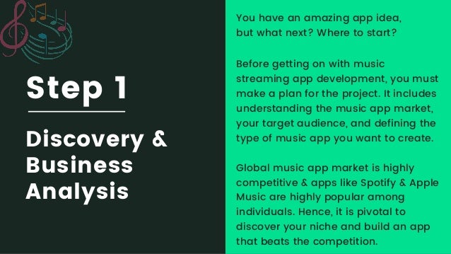 You have an amazing app idea,

but what next? Where to start?
Step 1
Discovery &

Business

Analysis
Before getting on with music

streaming app development, you must

make a plan for the project. It includes

understanding the music app market,

your target audience, and defining the

type of music app you want to create.
Global music app market is highly

competitive & apps like Spotify & Apple

Music are highly popular among

individuals. Hence, it is pivotal to

discover your niche and build an app

that beats the competition.
 