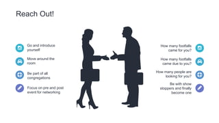How many footfalls
came for you?
How many footfalls
came due to you?
How many people are
looking for you?
Be with show
stoppers and finally
become one
Go and introduce
yourself
Move around the
room
Be part of all
congregations
Focus on pre and post
event for networking
Reach Out!
 