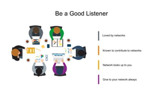 Loved by networks
Known to contribute to networks
Network looks up to you
Give to your network always
Be a Good Listener
 