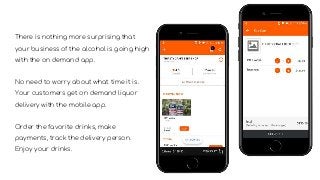There is nothing more surprising that
your business of the alcohol is going high
with the on demand app.
No need to worry about what time it is.
Your customers get on demand liquor
delivery with the mobile app.
Order the favorite drinks, make
payments, track the delivery person.
Enjoy your drinks.
 