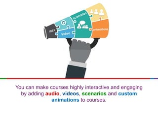 You can make courses highly interactive and engaging
by adding audio, videos, scenarios and custom
animations to courses.
 