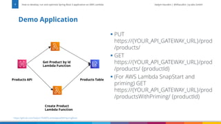 Vadym Kazulkin | @VKazulkin |ip.labs GmbH
Demo Application
How to develop, run and optimize Spring Boot 3 application on AWS Lambda
7
https://github.com/Vadym79/AWSLambdaJavaWithSpringBoot
▪ PUT
https://{YOUR_API_GATEWAY_URL}/prod
/products/
▪ GET
https://{YOUR_API_GATEWAY_URL}/prod
/products/ {productId}
▪ (For AWS Lambda SnapStart and
priming) GET
https://{YOUR_API_GATEWAY_URL}/prod
/productsWithPriming/ {productId}
 