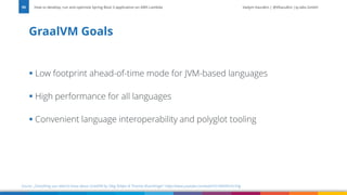 Vadym Kazulkin | @VKazulkin |ip.labs GmbH
▪ Low footprint ahead-of-time mode for JVM-based languages
▪ High performance for all languages
▪ Convenient language interoperability and polyglot tooling
GraalVM Goals
How to develop, run and optimize Spring Boot 3 application on AWS Lambda
95
Source: „Everything you need to know about GraalVM by Oleg Šelajev & Thomas Wuerthinger” https://www.youtube.com/watch?v=ANN9rxYo5Hg
 