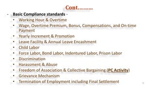 Cont.………
19
- Basic Compliance standards -
• Working Hour & Overtime
• Wage, Overtime Premium, Bonus, Compensations, and O...
