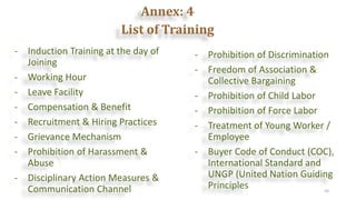 Annex: 4
List of Training
50
- Induction Training at the day of
Joining
- Working Hour
- Leave Facility
- Compensation & B...