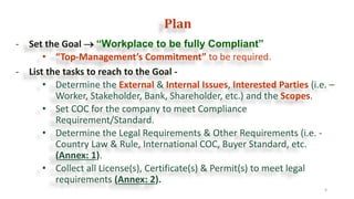Plan
9
- Set the Goal  “Workplace to be fully Compliant”
• “Top-Management’s Commitment” to be required.
- List the tasks...