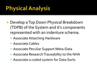    Develop a Top Down Physical Breakdown
    (TDPB) of the System and it's components
    represented with an indenture schema.
     Associate Attaching Hardware
     Associate Cables
     Associate Peculiar Support Meta-Data
     Associate Research Traceability to the NHA
     Associate a coded system for Data Sorts
 