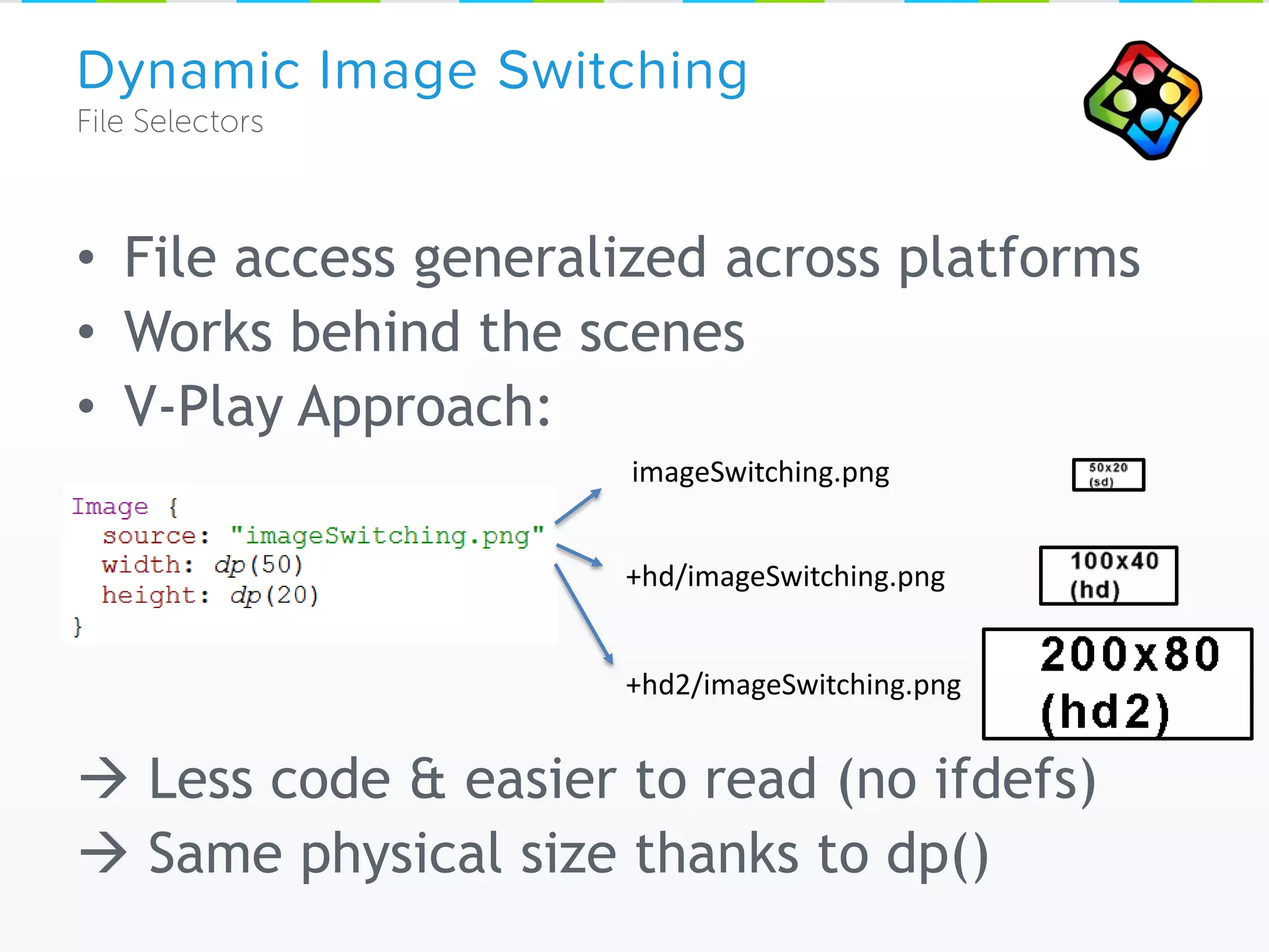 • File access generalized across platforms
• Works behind the scenes
• V-Play Approach:
 Less code & easier to read (no ifdefs)
 Same physical size thanks to dp()
Dynamic Image Switching
+hd2/imageSwitching.png
+hd/imageSwitching.png
imageSwitching.png
 
