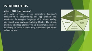 INTRODUCTION
What is MIT App Inventor?
MIT App Inventor is an innovative beginner's
introduction to programming and app creation that
transforms the complex language of text-based coding
into visual, drag-and-drop building blocks. The simple
graphical interface grants even an inexperienced novice
the ability to create a basic, fully functional app within
an hour or less.
 