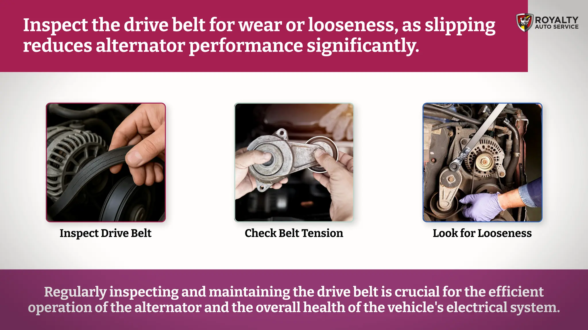 Inspect Drive Belt Check Belt Tension Look for Looseness
Regularly inspecting and maintaining the drive belt is crucial for the efficient
operation of the alternator and the overall health of the vehicle's electrical system.
Inspect the drive belt for wear or looseness, as slipping
reduces alternator performance significantly.
 