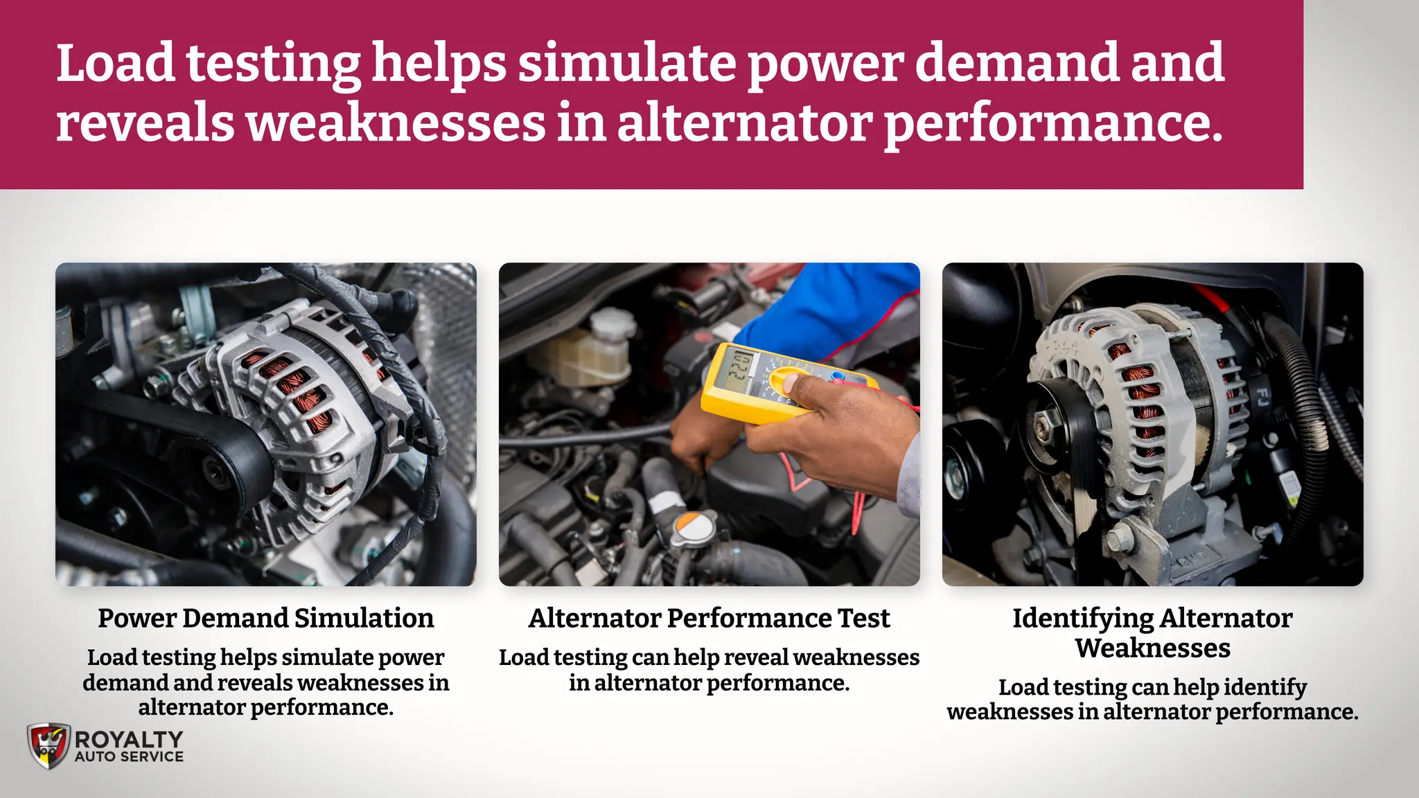 Alternator Performance Test
Load testing can help reveal weaknesses
in alternator performance.
Power Demand Simulation
Load testing helps simulate power
demand and reveals weaknesses in
alternator performance.
Identifying Alternator
Weaknesses
Load testing can help identify
weaknesses in alternator performance.
Load testing helps simulate power demand and
reveals weaknesses in alternator performance.
 