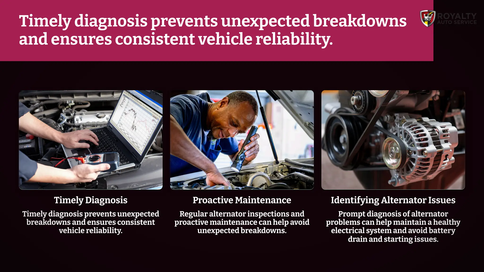 Proactive Maintenance
Regular alternator inspections and
proactive maintenance can help avoid
unexpected breakdowns.
Identifying Alternator Issues
Prompt diagnosis of alternator
problems can help maintain a healthy
electrical system and avoid battery
drain and starting issues.
Timely Diagnosis
Timely diagnosis prevents unexpected
breakdowns and ensures consistent
vehicle reliability.
Timely diagnosis prevents unexpected breakdowns
and ensures consistent vehicle reliability.
 