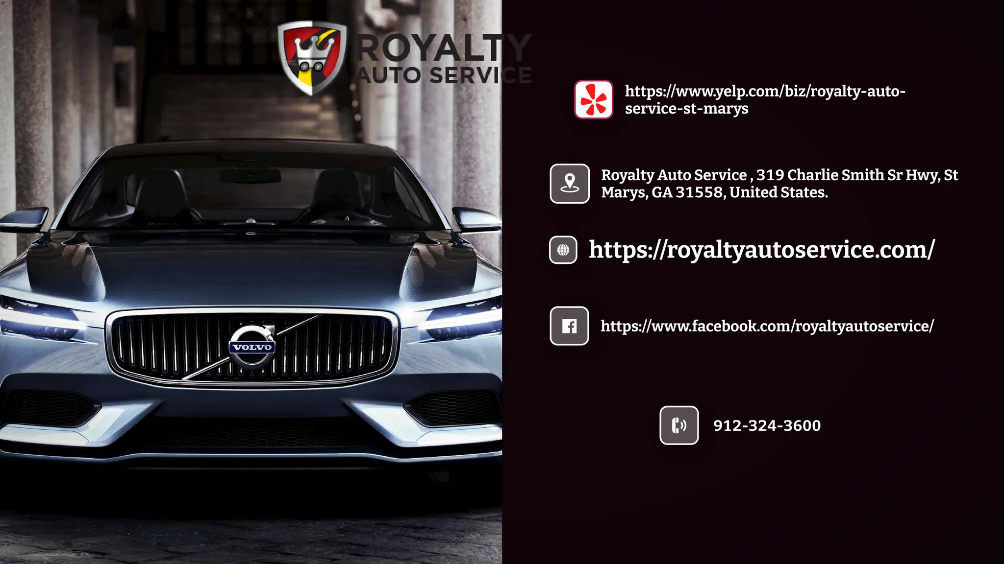 https://royaltyautoservice.com/
Royalty Auto Service , 319 Charlie Smith Sr Hwy, St
Marys, GA 31558, United States.
https://www.facebook.com/royaltyautoservice/
https://www.yelp.com/biz/royalty-auto-
service-st-marys
912-324-3600
 