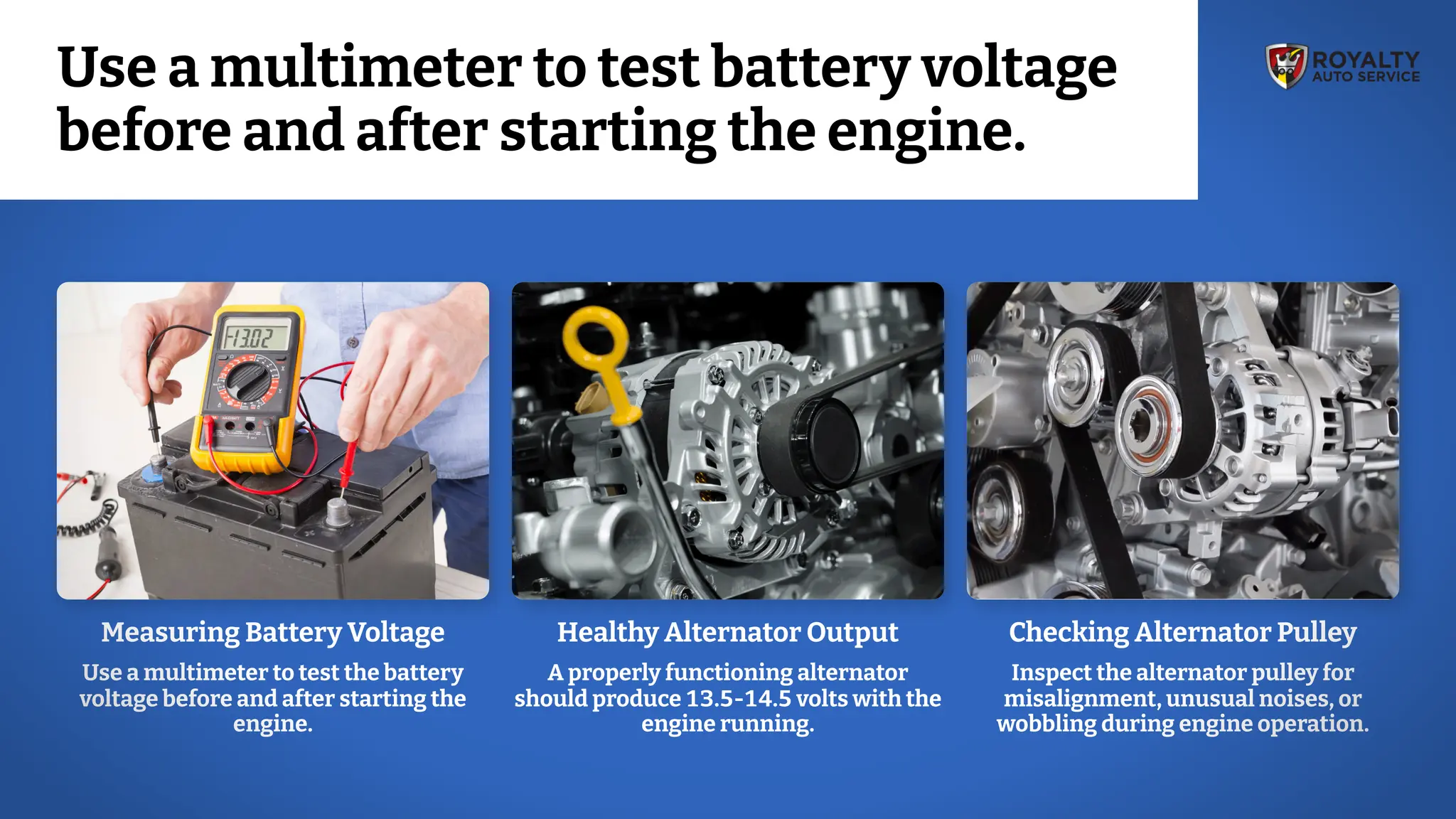 Measuring Battery Voltage
Use a multimeter to test the battery
voltage before and after starting the
engine.
Healthy Alternator Output
A properly functioning alternator
should produce 13.5-14.5 volts with the
engine running.
Checking Alternator Pulley
Inspect the alternator pulley for
misalignment, unusual noises, or
wobbling during engine operation.
Use a multimeter to test battery voltage
before and after starting the engine.
 