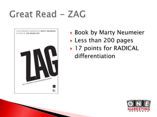Great Read - ZAG<br />Book by Marty Neumeier<br />Less than 200 pages<br />17 points for RADICAL <br />differentiation<br />