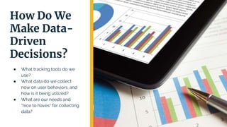 How Do We
Make Data-
Driven
Decisions?
● What tracking tools do we
use?
● What data do we collect
now on user behaviors, and
how is it being utilized?
● What are our needs and
“nice to haves” for collecting
data?
 