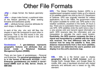 Other File Formats .shp  — shape format; the feature geometry itself  .shx  — shape index format; a positional index of the feature geometry to allow seeking forwards and backwards quickly  .dbf  — attribute format; columnar attributes for each shape, in dBase III format  In each of the .shp, .shx, and .dbf files, the shapes in each file correspond to each other in sequence. That is, the first record in the .shp file corresponds to the first record in the .shx and .dbf files, and so on.   KML  : KML is a file format used to display  geographic data in an Earth browser , such as Google Earth, Google Maps, and Google Maps for mobile. KML uses a tag-based structure with nested elements and attributes and is based on the XML standard. GPS  : The Global Positioning System (GPS) is a satellite-based navigation system made up of a network of 24 satellites placed into orbit by the U.S. Department of Defense. GPS was originally intended for military applications, but in the 1980s, the government made the system available for civilian use. GPS works in any weather conditions, anywhere in the world, 24 hours a day. There are no subscription fees or setup charges to use GPS.  GPS satellites circle the earth twice a day in a very precise orbit and transmit signal information to earth. GPS receivers take this information and use triangulation to calculate the user's exact location.  Essentially, the GPS receiver compares the time a signal was transmitted by a satellite with the time it was received. The time difference tells the GPS receiver how far away the satellite is. Now, with distance measurements from a few more satellites, the receiver can determine the user's position and display it on the unit's electronic map.  Geodatabase  : A  geo-database represents geographic features and attributes that are stored inside a Relational Database Management System (RDMS).  There are two types of geodatabases - Personal and Enterprise. The  personal geodatabase in fact is in the format of Microsoft ACCESS  (.mdb);  Enterprise geodatabases are hosted in server-based DBMS such as SQL Server, Oracle, or IBM DB2 .  