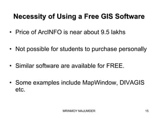 Necessity of Using a Free GIS Software Price of ArcINFO is near about 9.5 lakhs Not possible for students to purchase personally Similar software are available for FREE. Some examples include MapWindow, DIVAGIS etc. 