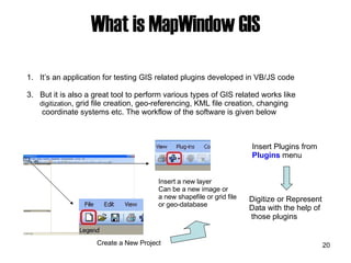 What is MapWindow GIS It’s an application for testing GIS related plugins developed in VB/JS code But it is also a great tool to perform various types of GIS related works like  digitization , grid file creation, geo-referencing, KML file creation, changing  coordinate systems etc. The workflow of the software is given below Create a New Project  Insert a new layer Can be a new image or  a new shapefile or grid file  or geo-database Insert Plugins from  Plugins   menu Digitize or Represent  Data with the help of those plugins 