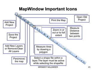 MapWindow Important Icons Add New Project Open Old Project Save the Project Print the Map Add New Layers or Remove/Clear All Layers Pan(move) the map Select a shape file within a layer.The layer must be active while selecting the shapefile Measure Distance between two points Measure Area by drawing a polygon  Zoom in or out or to full extent 