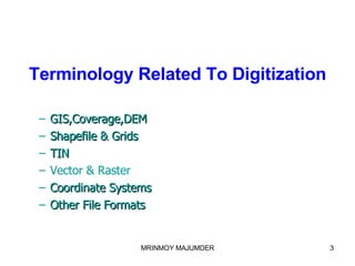 Terminology Related To Digitization GIS,Coverage,DEM Shapefile & Grids   TIN Vector & Raster Coordinate Systems Other File Formats 