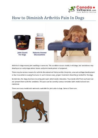 How to Diminish Arthritis Pain In Dogs
Arthritis in dogs means joint swelling or soreness. This condition occurs mostly in old dogs, but sometimes may
develop at an early stage where bones and joint development is hampered.
There may be various reasons for arthritis like abnormal friction within the joints, unusual cartilage development
or due to accidents causing fractures. In such intense cases, proper treatment should be provided for the dogs.
Sometimes, the dogs also have recurring joint pain which needs relaxation. To provide relief from such pain we
can present them with the antidotes. This pain can be cured by various remedies both medicinal and non-
medicinal.
There are many medicinal treatments available for joint ache in dogs. Some of them are:
 