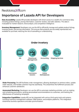 The benefits of competitor price
tracking tools
Competitor price trackers have revolutionized how businesses approach pricing strategies in the digital
age. Here's a deeper dive into the multifaceted benefits they bring to the table:
Time-Efficient
Solutions
The digital marketplace operates at breakneck speed, with prices fluctuating continuously. Manually sifting
through these changes is not only laborious but also inefficient. Competitor price trackers streamline this
process, offering real-time price monitoring at the click of a button. This agility ensures businesses remain
proactive rather than reactive in their pricing strategies.
Cost-Effectiveness
While there's an initial investment in procuring a competitor price tracking tool, it's judicious. Consider the
expenses – both in terms of time and resources – associated with manual data collection. The efficiencies
gained through automated retail data scraping and collection far outweigh the tool's costs, leading to
substantial savings in the long run.
Enhanced Accuracy
Human errors are inevitable, especially when dealing with extensive datasets. Manual input of competitor
pricing into systems amplifies this risk. Competitor price trackers mitigate this by offering precise, error-
free data. This enhanced accuracy is pivotal for businesses aiming for data-driven pricing optimization
and informed decision-making.
Informed Pricing
Strategy
In the competitive landscape of eCommerce, knowledge is power. Competitor price trackers arm
businesses with invaluable price intelligence. By accessing real-time eCommerce pricing data, businesses
can discern market trends, analyze competitor strategies, and identify pricing patterns. This
comprehensive understanding empowers businesses to craft dynamic pricing strategies that resonate
with market dynamics, ensuring they remain competitive and profitable.
Competitor price trackers are indispensable tools for modern businesses. They offer real-time insights,
enhance accuracy, and foster informed decision-making. As the eCommerce landscape evolves,
leveraging such tools will be crucial for businesses striving for pricing excellence and sustained growth.
Order Processing: The API facilitates order management, allowing developers to retrieve orders, update
order statuses, and handle customer inquiries seamlessly. This streamlines the fulfillment process and
enhances customer satisfaction.
Automated Marketing: Developers can use the API to automate marketing activities, such as creating
and scheduling promotions, sending personalized recommendations to customers, and tracking the
effectiveness of marketing campaigns.
Data Accessibility: Lazada API provides developers with direct access to a wealth of e-commerce data,
including product listings, pricing information, customer reviews, and sales statistics. This data is
invaluable for market research, trend analysis, and competitive intelligence.
Inventory Management: Developers can use the API to efficiently manage and update product listings,
inventory levels, and pricing information. This ensures that products are accurately represented and
available for purchase, reducing the risk of overselling or understocking.
Importance of Lazada API for Developers
Integration Capabilities: Lazada API can be integrated with various third-party tools and systems,
including inventory management software, CRM systems, and analytics platforms. This integration
streamlines business operations and data synchronization.
 