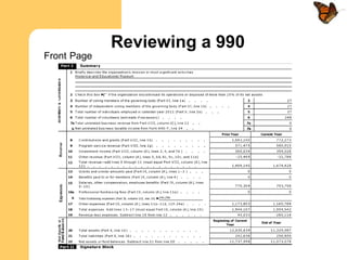 Reviewing a 990
Front Page
 
