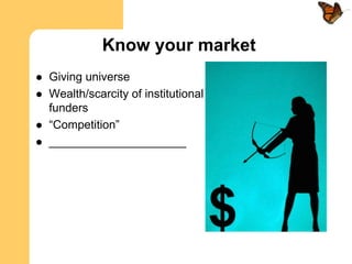 Know your market
   Giving universe
   Wealth/scarcity of institutional
    funders
   “Competition”
   _____________________
 