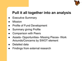 Pull it all together into an analysis
   Executive Summary
   Mission
   Profile of Fund Development
   Summary giving Profile
   Comparison with Peers
   Assets- Opportunities- Missing Pieces- Work
    Arounds/Concerns by SWOT element
   Detailed data
   Findings from external research
 