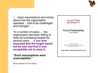 “… basic assumptions and norms
about how the organization
operated …had to be challenged
and changed ….

“In a number of cases … the
organization had been failing to
meet its fundraising targets for
several years … it was now
assumed that the target would
not be met and that it was
acceptable not to meet it.

“Such assumptions were
unacceptable.”
Adrian Sargeant and Jen Shang
 
