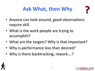 Ask What, then Why
• Anyone can look around, good observations
require skill
• What is the work people are trying to
accomplish?
• What are the targets? Why is that important?
• Why is performance less than desired?
• Why is there backtracking, rework….?
15
 