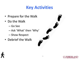 Key Activities
• Prepare for the Walk
• Do the Walk
– Go See
– Ask ‘What’ then ‘Why’
– Show Respect
• Debrief the Walk
11
 