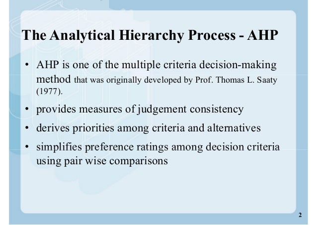 ahp analyzing the ahp method with exercise This presentation is about one of the most famous methods for making multi-criteria decisions called the analytic hierarchy process or ahp ahp was developed to optimize decision making when one is faced with a mix of. ahp analyzing the ahp method with exercise This presentation is about one of the most famous methods for making multi-criteria decisions called the analytic hierarchy process or ahp ahp was developed to optimize decision making when one is faced with a mix of.