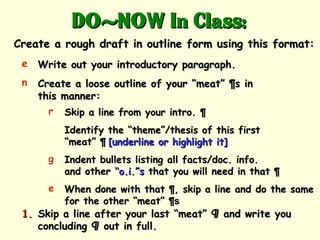 DO-NOW In Class:
Create a rough draft in outline form using this format:
 e   Write out your introductory paragraph.
 n   Create a loose outline of your “meat” ¶s in
     this manner:
       r Skip a line from your intro. ¶
           Identify the “theme”/thesis of this first
           “meat” ¶ [underline or highlight it]
       g   Indent bullets listing all facts/doc. info.
           and other “o.i.”s that you will need in that ¶
       e When done with that ¶, skip a line and do the same
         for the other “meat” ¶s
 1. Skip a line after your last “meat” ¶ and write you
    concluding ¶ out in full.
 