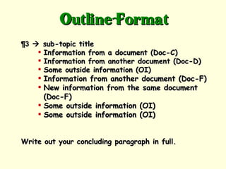 Outline Format
¶3  sub-topic title
     Information from a document (Doc-C)
     Information from another document (Doc-D)
     Some outside information (OI)
     Information from another document (Doc-F)
     New information from the same document
      (Doc-F)
     Some outside information (OI)
     Some outside information (OI)


Write out your concluding paragraph in full.
 