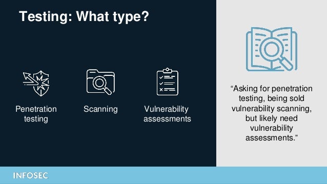 Testing: What type?
“Asking for penetration
testing, being sold
vulnerability scanning,
but likely need
vulnerability
assessments.”
Scanning
Penetration
testing
Vulnerability
assessments
 