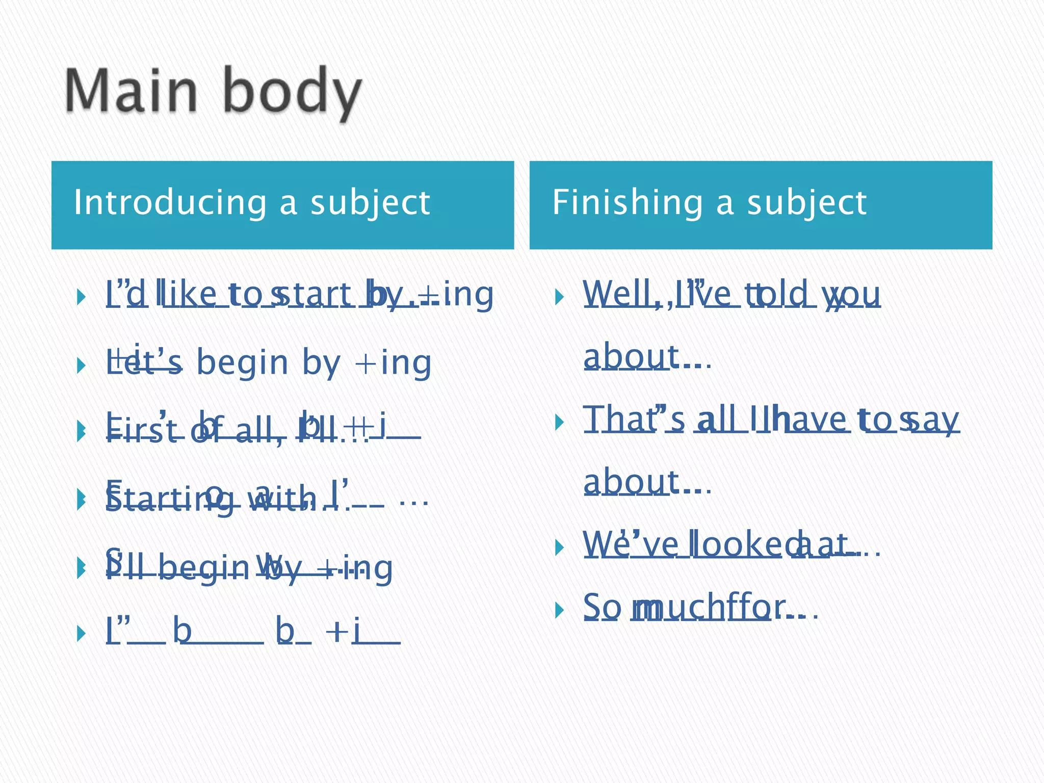 Introducing a subject           Finishing a subject

   I’d ____ __ _____ __...
    I’_ like to start b_...
    _’_ l___ t_ s____ by +ing      Well, I’__ t___ y__
                                    W___,_’__ ____ ___
                                    ____, I’ve told you
   +i__
    +___ begin by +ing
    Let’s                           about…
                                    a____...
                                    _____...

   L__’_ _____ I’ll…
    ___’_ of all, __ +___
    First b____ b_ +i__            That’s all ____ __ ___
                                    T___’_ a__ Ih___ to say
                                    ____’_ ___ I_have t_ s__

    F____ o_ ___, _’__
    _____ __ with… …                about…
                                    a____...
                                    _____...

   Starting a__, I’__
                                   We’ve looked at…
                                    W_’__ l_____ a_...
                                    __’__ ______ __...

   S_______ w___...
    ________ ____...
    I’ll begin by +ing
                                   So much for…
                                    S_ m___ f__...
                                    __ ____ ___...
   I’__ _____ __ +i__
    _’__ b____ b_ +___
 