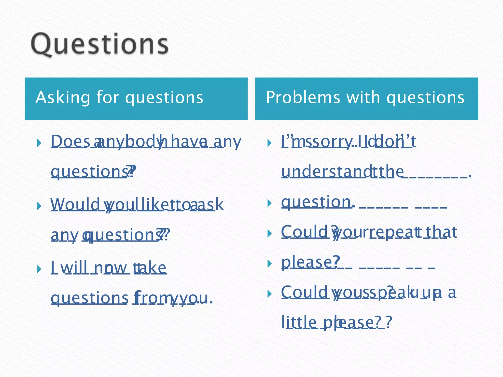 Asking for questions        Problems with questions

   Does anybody have any
    D___ a______ h___ a__
    ____ _______ ____ ___      I’m sorry. ___’_
                                I’_ _____. I don’t
                                _’_ s____. I_d__’_
    questions?
    q________?
    _________?                  understand the
                                u_________ t__
                                __________ ___ ________.
   Would you like to ask
    W____ y__ l___ t_ a__
    _____ ___ ____ __ ___      question.
                                q_______.
                                _____ ___ ______ ____
    any questions?
    a__ q________?
    ___ _________?             Could you
                                C____ y__ repeat that
                                ______? r_____ t___

   I will now ____
    _ w___ ___ take
      ____ n__ t___            please?
                                p_____?
                                _____ ___ _____ __ _

    questions from you.
    q________ f___ ___.
    _________ ____ y__.        Could ______?
                                C____ you speak up
                                ______y__ s____ u_ a a
                                little please?
                                l_____ p_____?
 
