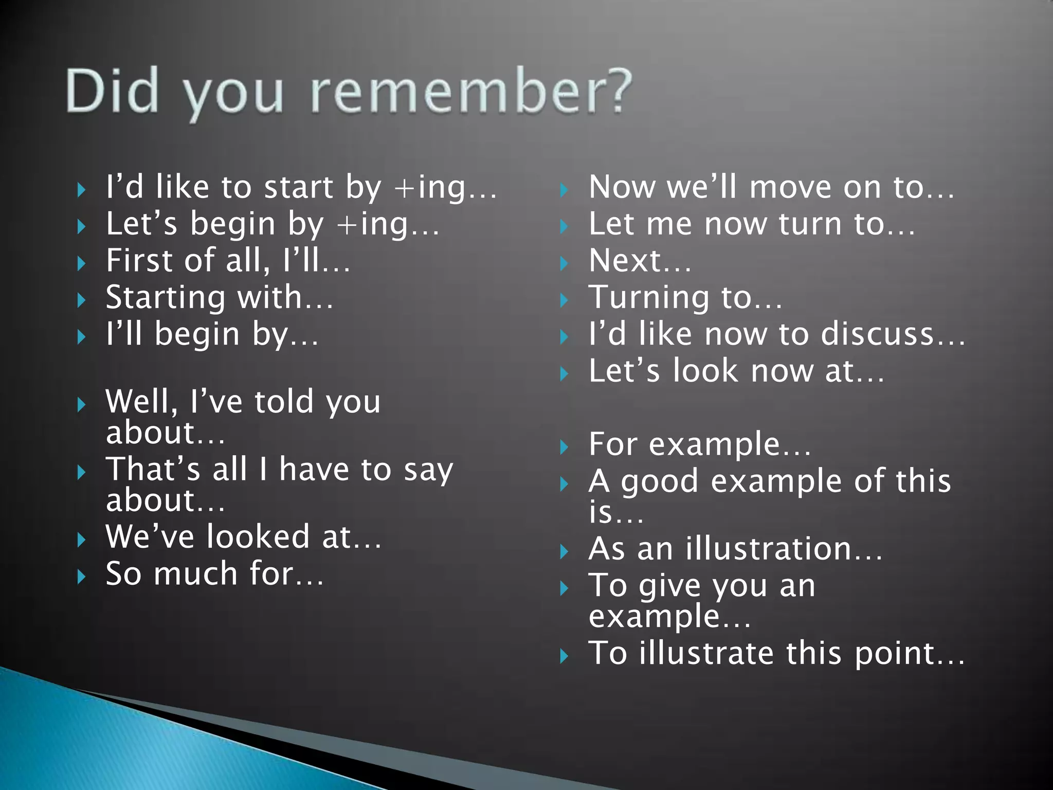    I’d like to start by +ing…      Now we’ll move on to…
   Let’s begin by +ing…            Let me now turn to…
   First of all, I’ll…             Next…
   Starting with…                  Turning to…
   I’ll begin by…                  I’d like now to discuss…
                                    Let’s look now at…
   Well, I’ve told you
    about…                          For example…
   That’s all I have to say        A good example of this
    about…                           is…
   We’ve looked at…                As an illustration…
   So much for…                    To give you an
                                     example…
                                    To illustrate this point…
 