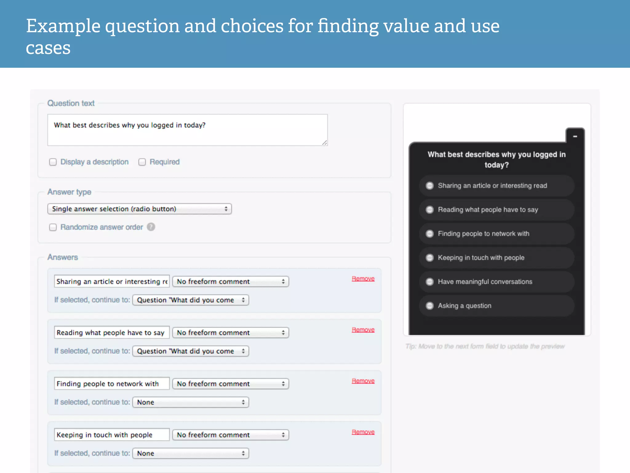 Example question and choices for ﬁnding value and use
cases
 