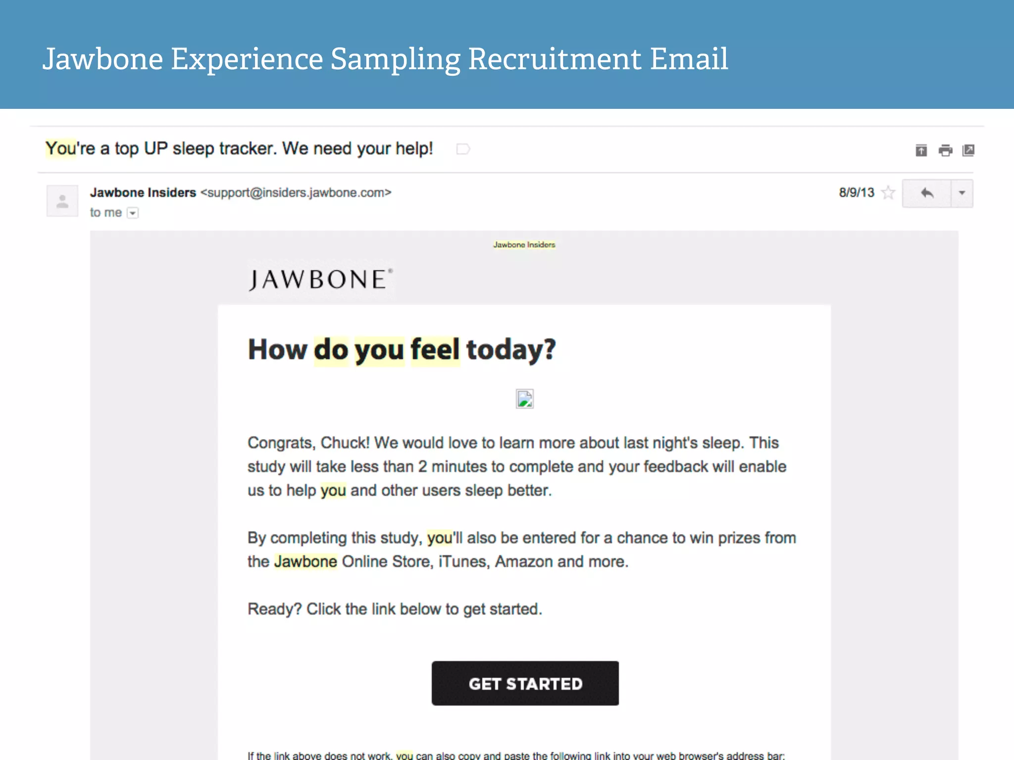 Jawbone Experience Sampling Recruitment Email
 