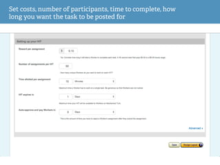 Set costs, number of participants, time to complete, how
long you want the task to be posted for
 
