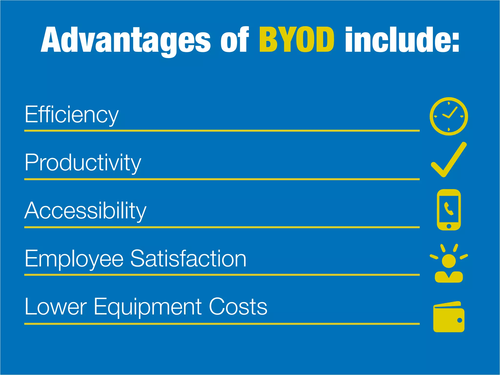 Advantages of BYOD include:
Efficiency
Productivity
Employee Satisfaction
Lower Equipment Costs
Accessibility
 