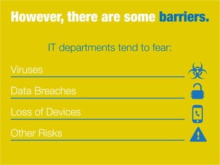 However, there are some barriers.
Viruses
Data Breaches
Other Risks
Loss of Devices
IT departments tend to fear:
 