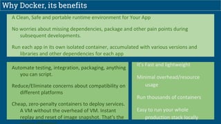 Why Docker, its benefits
A Clean, Safe and portable runtime environment for Your App
No worries about missing dependencies, package and other pain points during
subsequent developments.
Run each app in its own isolated container, accumulated with various versions and
libraries and other dependencies for each app
Automate testing, integration, packaging, anything
you can script.
Reduce/Eliminate concerns about compatibility on
different platforms
Cheap, zero-penalty containers to deploy services.
A VM without the overhead of VM. Instant
replay and reset of image snapshot. That's the
It’s Fast and lightweight
Minimal overhead/resource
usage
Run thousands of containers
Easy to run your whole
production stack locally
 