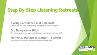 Step By Step Listening Retreats
Clarity Confidence and Celebrate
Know what you want and develop strategies to make it happ...